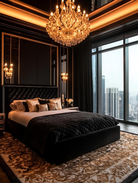 Photo a modern and luxurious bedroom featuring a plush black velvet bed gold accents a grand chande