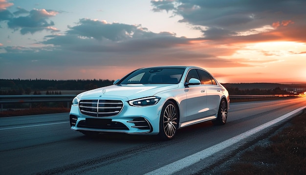 Modern luxurious car parked on the highway