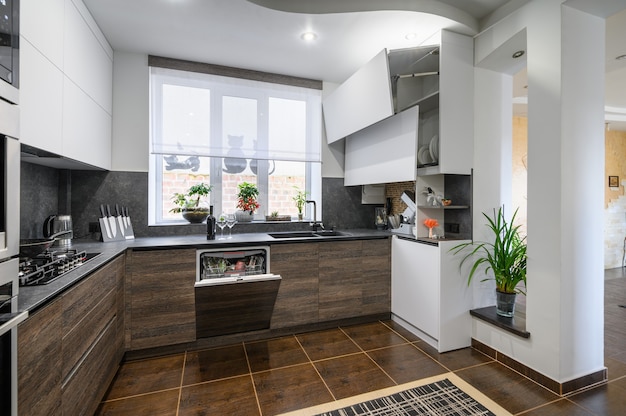 Modern luxurious dark brown gray and black kitchen details