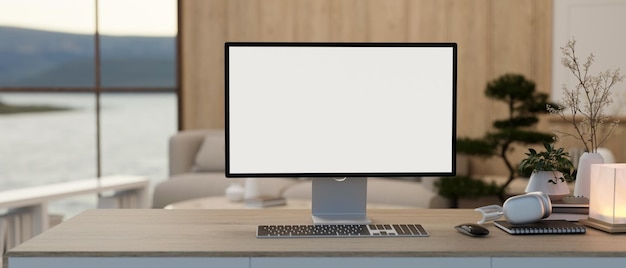 Modern luxurious private office interior design with a whitescreen PC computer mockup on a table