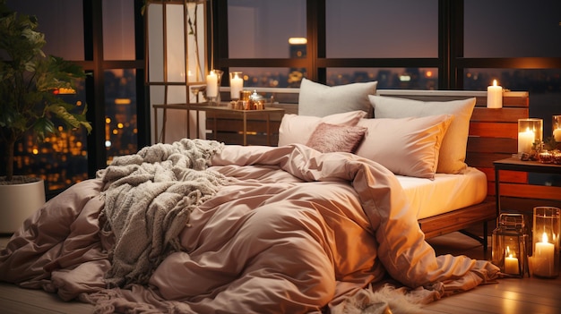 Modern luxury bedding with cozy lighting and elegance