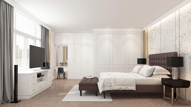 Modern luxury bedroom with wall cornice and marble walls using white tones in the decoration design