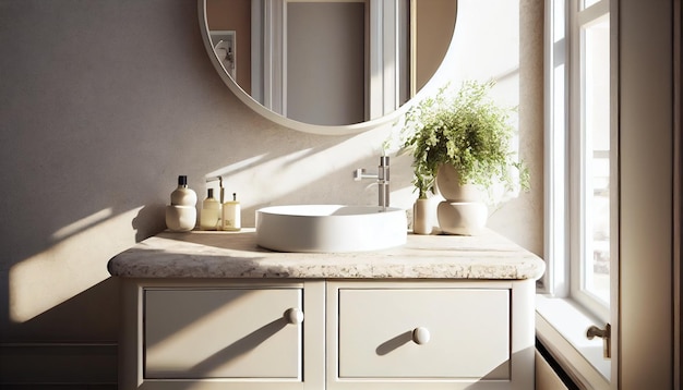 Modern and luxury beige bathroom vanity with countertop and white round ceramic washbasin in sunlight from window and leaf shadow on granite wall