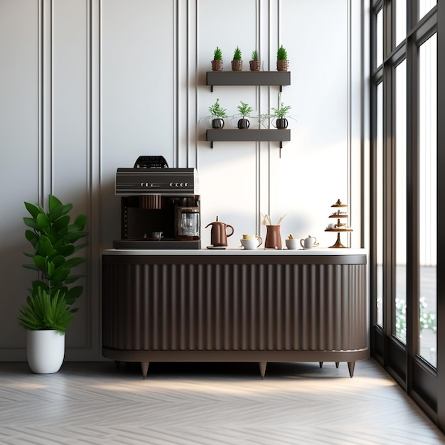 A Modern Luxury Cafe with Corrugated Counters Espresso Machine Cake Display Fridge Plants and Sunlit Interiors on a White Wainscot Wall and Cement Floor Background Generative AI