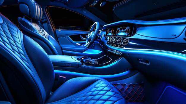 Modern Luxury Car Interior with Blue Lighting