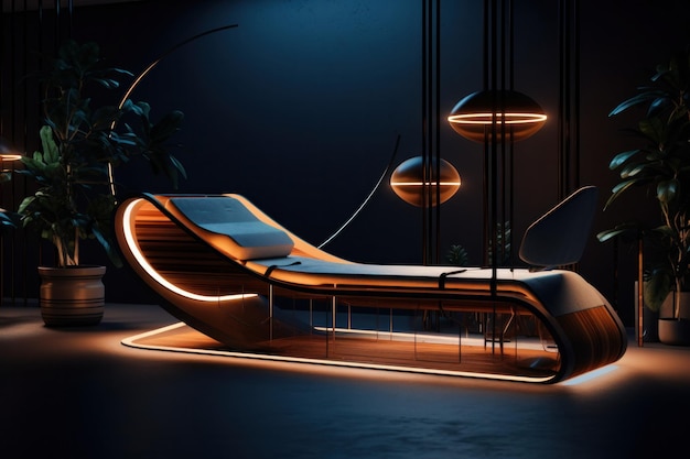 Modern luxury chaise lounge in dark room with elegant lighting and plant decor a blend of comfort and style perfect for sophisticated interiors