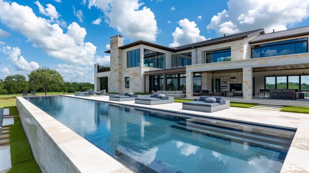 Modern luxury home with an elegant poolside reflecting the clear blue sky