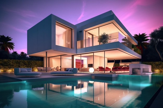 Modern luxury home with garden and pool at blue hour generative ai