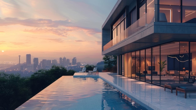 Photo modern luxury home with infinity pool overlooking city skyline at sunset