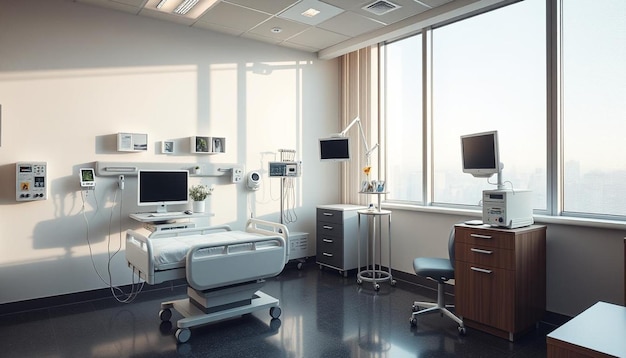 Photo modern luxury hospital room interior with empty bed