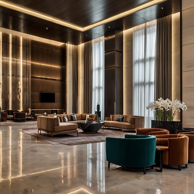 Modern luxury hotel and office reception and lounge with meeting room