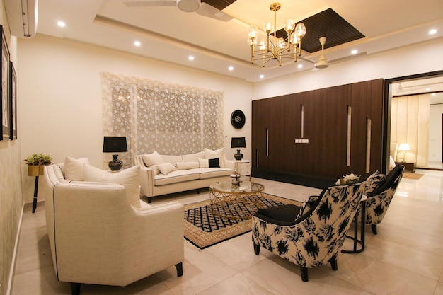 Modern &amp; luxury house drawing &amp; dinning room Premium Photo