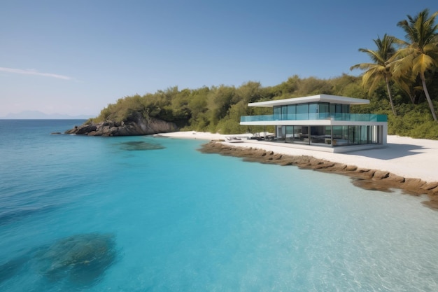 Modern luxury house located on a beautiful island surrounded by blue water