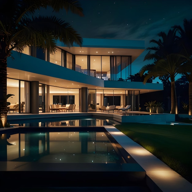 a modern luxury house with a pool and palm trees in the background