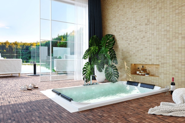 Modern luxury interior with jacuzzi, wine bottle, plant and a window with views