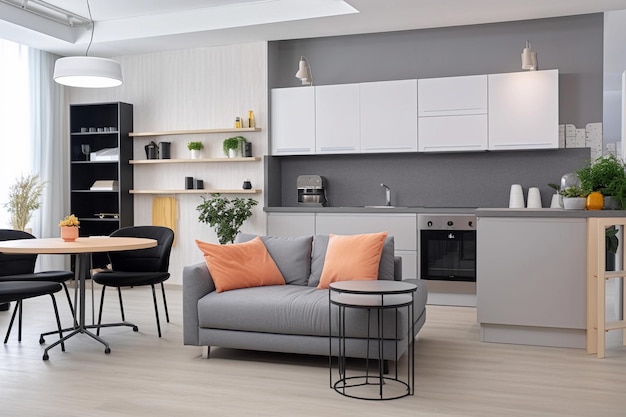 Modern and luxury Kitchen Interior in white with wooden floor and kitchen island