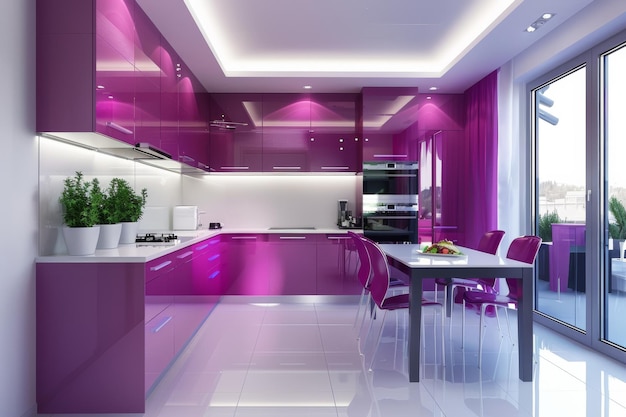 Modern Luxury Kitchen Interior with Vibrant Purple Accents and Sleek Design