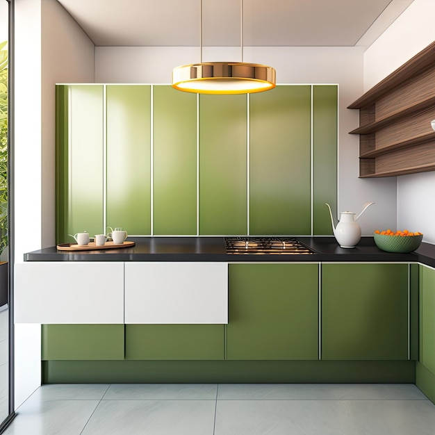 Modern luxury kitchen with sage green counter cabinet sink pot on induction cooktop cupboard wh