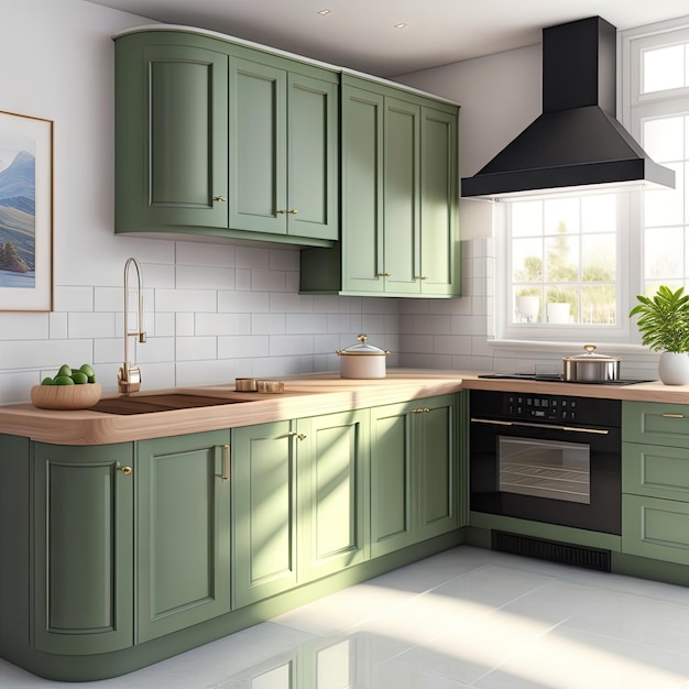 Modern luxury kitchen with sage green counter cabinet sink pot on induction cooktop cupboard wh