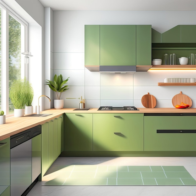 Modern luxury kitchen with sage green counter cabinet sink pot on induction cooktop cupboard wh