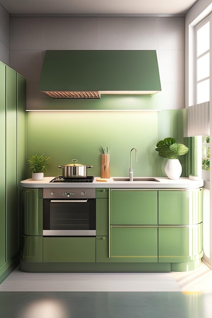 Modern luxury kitchen with sage green counter cabinet with sink induction cooktop cupboard washi