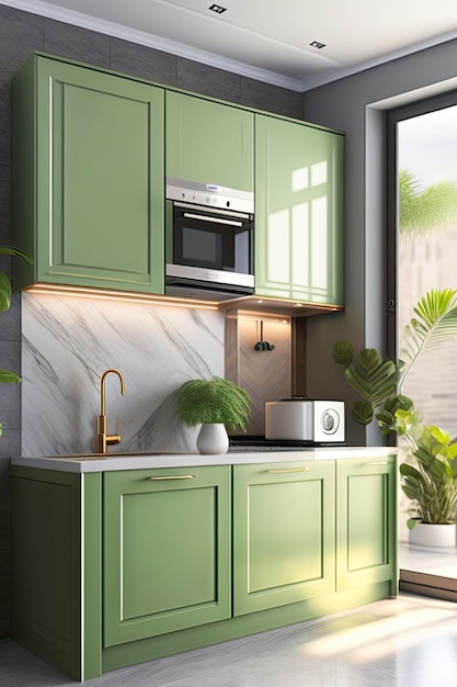 Modern luxury kitchen with sage green counter cabinet with sink induction cooktop cupboard washi