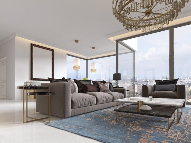 Modern luxury living room interior with a sofa, armchairs, a coffee table and a dining table with a kitchen. 3D rendering.