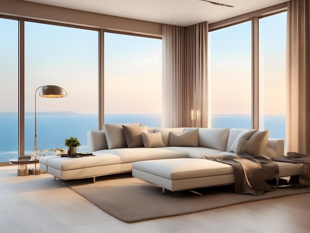 Modern luxury living room with a couch in front of a large window overlooking the sea