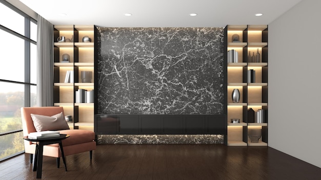 Modern luxury living room with leather armchair and tv cabinet and black marble wall 3d rendering