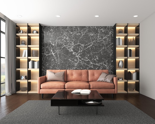 Modern luxury living room with leather sofa black marble wall and bookshelf 3d rendering