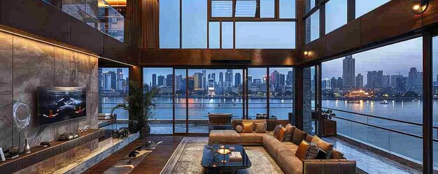 Photo modern luxury living room with panoramic cityscape view and waterfront