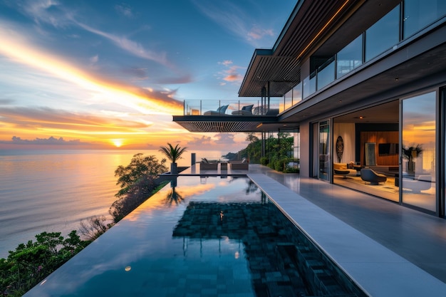 Modern luxury mansion with outdoor fireplace overlooking the ocean at sunset large open living room with white sofa