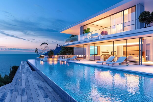 Modern luxury mansion with outdoor fireplace overlooking the ocean at sunset large open living room with white sofa