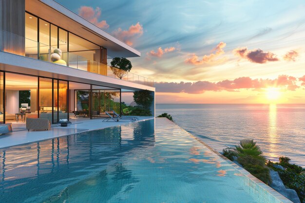 Modern luxury mansion with outdoor fireplace overlooking the ocean at sunset large open living room with white sofa