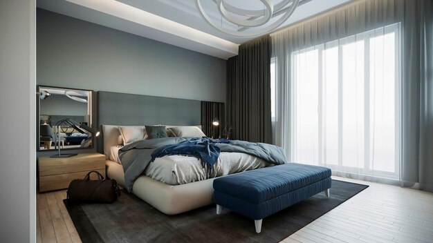 modern luxury minimalist bedroom interior design 3d render