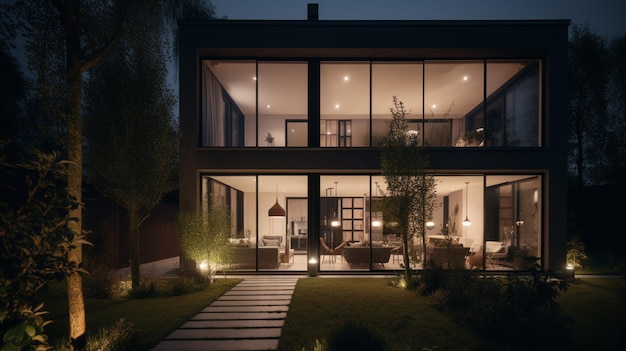 Modern luxury villa exterior Rear elevation of a modern home at night