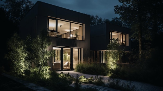 Modern luxury villa exterior Rear elevation of a modern home at night