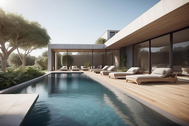 Modern luxury villa at sunset Private house with infinity pool 3d illustration