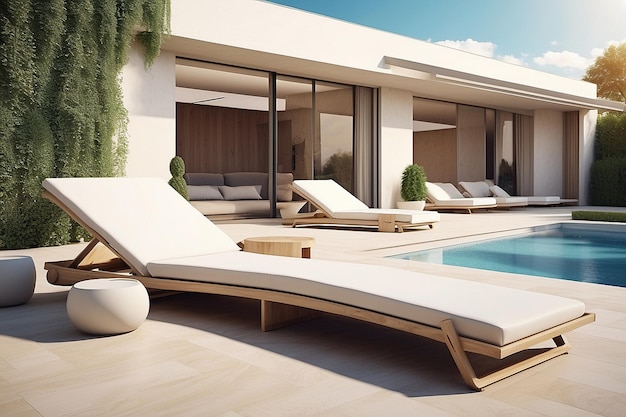 Modern luxury villa at sunset Private house with infinity pool 3d illustration