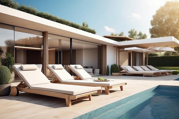 Modern luxury villa at sunset Private house with infinity pool 3d illustration