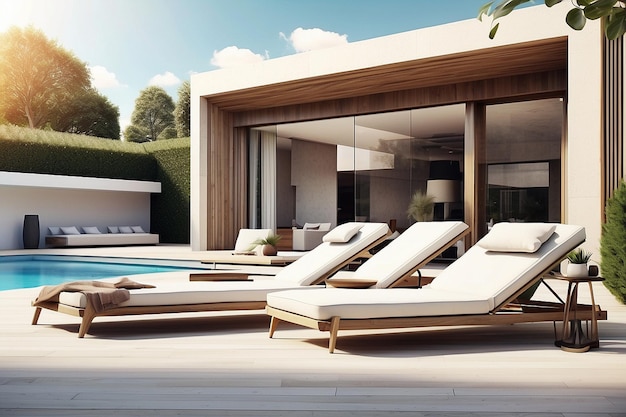 Modern luxury villa at sunset Private house with infinity pool 3d illustration