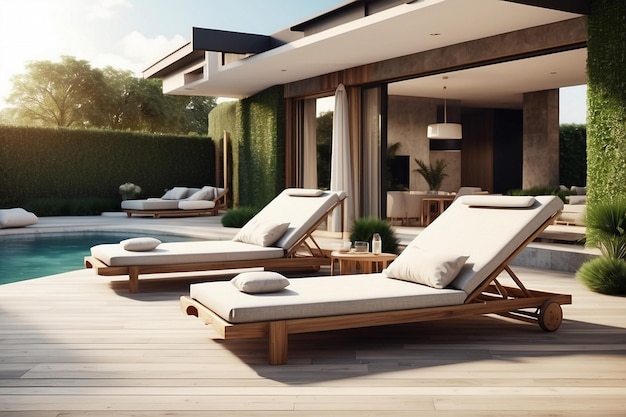 Modern luxury villa at sunset Private house with infinity pool 3d illustration