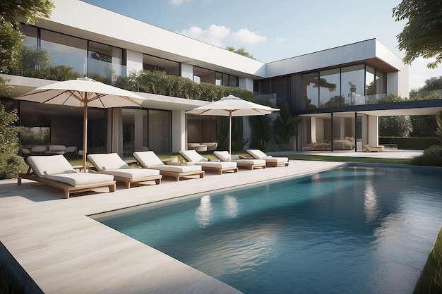 Modern luxury villa at sunset Private house with infinity pool 3d illustration