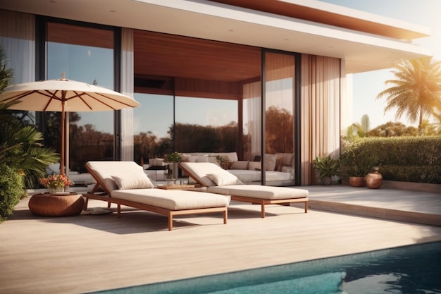 Modern luxury villa at sunset Private house with infinity pool 3d illustration