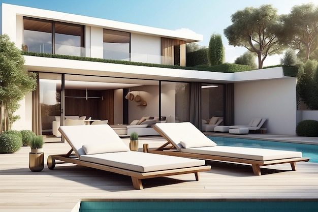 Modern luxury villa at sunset Private house with infinity pool 3d illustration