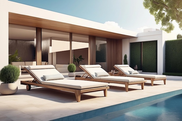 Modern luxury villa at sunset Private house with infinity pool 3d illustration