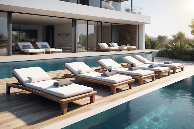 Modern luxury villa at sunset Private house with infinity pool 3d illustration