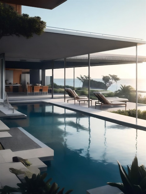 Modern luxury villa at sunset Private house with infinity pool