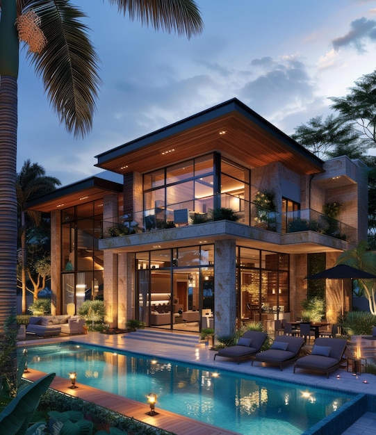 Modern Luxury Villa with Pool and Palm Trees at Dusk