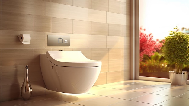 Modern luxury wall hung toilet bowl closed seat with dual flush reeded glass Generative AI